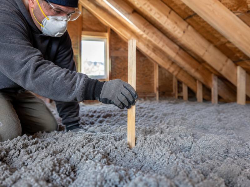 Installer checking the depth of blown cellulose against a ruler in an attic
