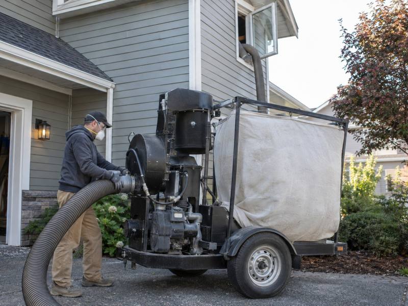 Insulation vacuum trailer parked in a driveway with a hose running into a house