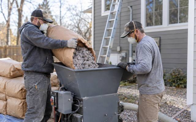 Two workers loading bags of cellulose into an insulation blowing machine outside a house